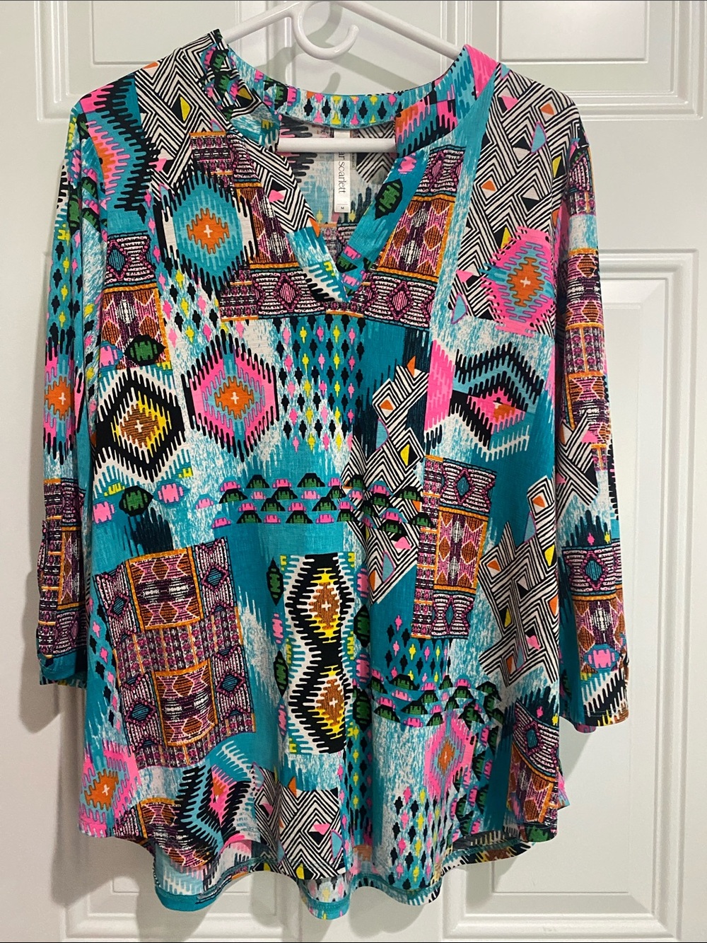 Dear Scarlett Women's Teal Aztec-Print V-Neck Long Sleeve Tunic